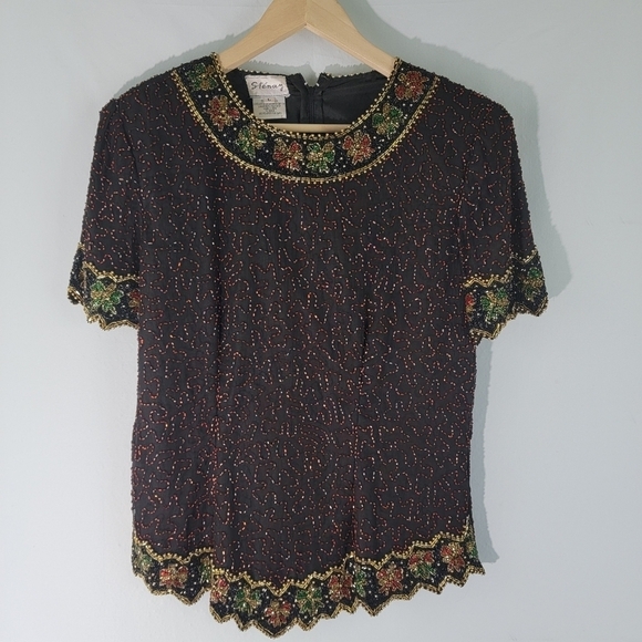 Stenay Black Multi Full Beaded 100% Silk Blouse Sz L Short Sleeve Holidays Lined - Picture 12 of 12